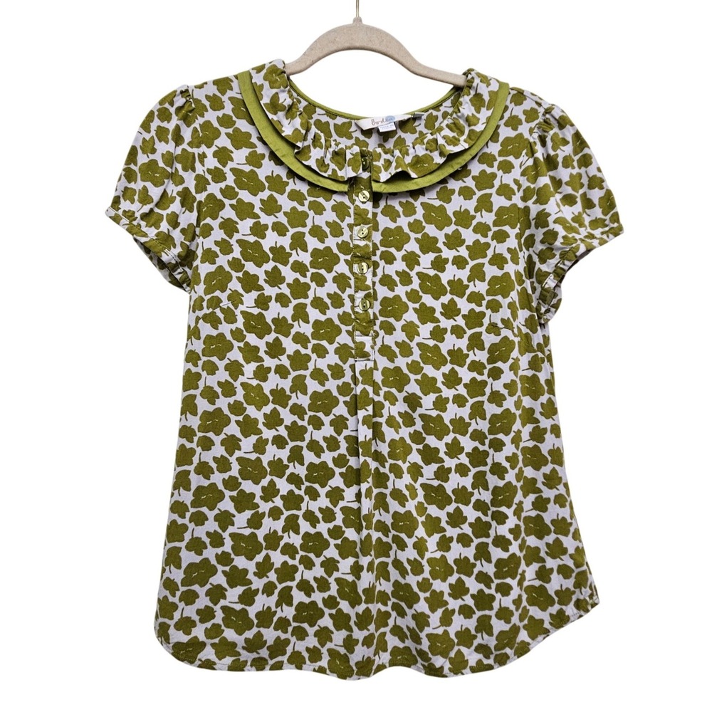 Boden Blouse Women 8 Green Leaf Print Ruffle Peter Pan Collar Cottagecore Preppy